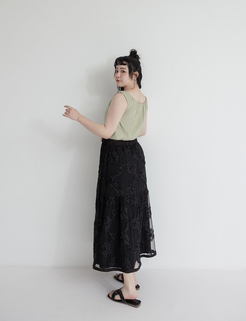 3D Floral Tiered Mesh Plus Size Maxi Skirt