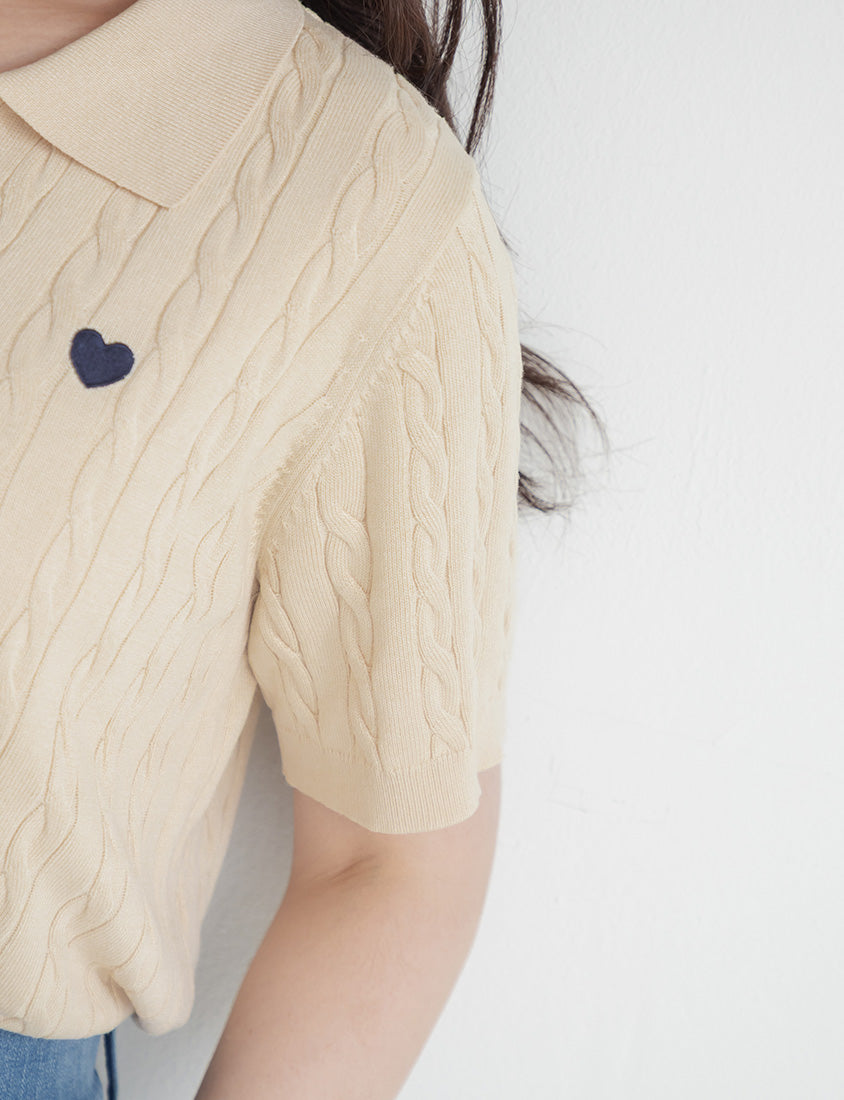 Heart Embroidered V-Neck Cable Knit Short Sleeve Plus Size Top