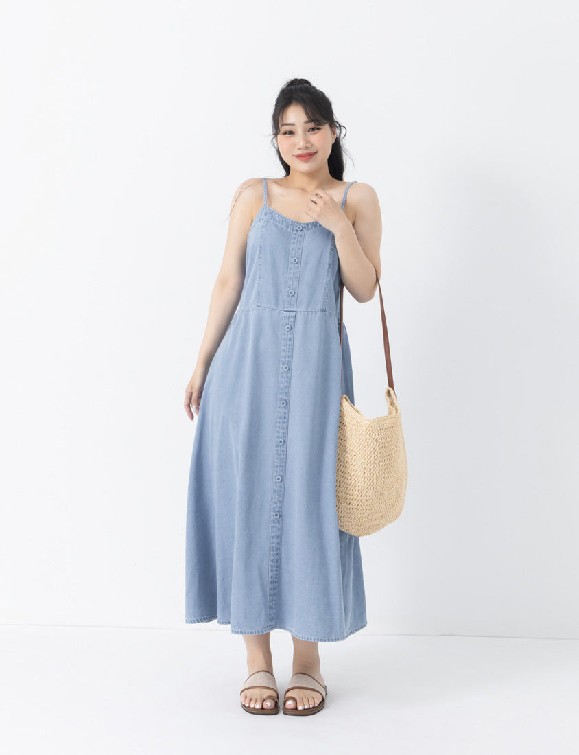 Tencel Silky Denim Faux Button Strap Plus Size Maxi Dress