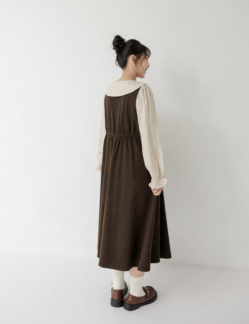 Faux Two Piece Contrast Pearl Button Plus Size Maxi Dress