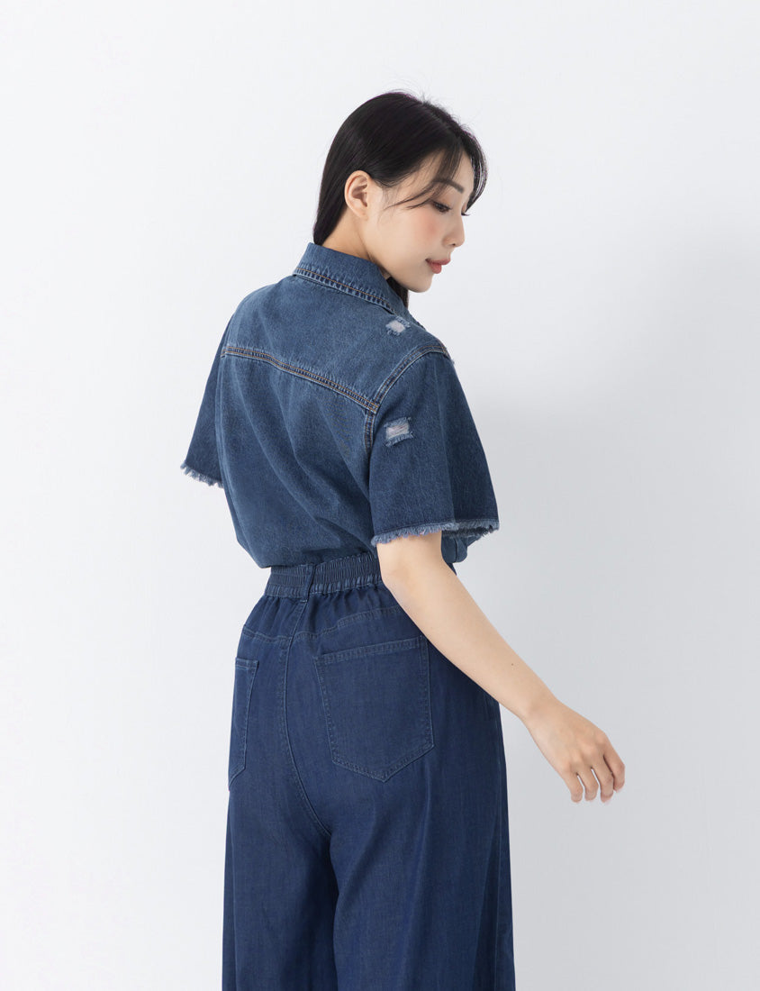 Tencel Silky Denim Distressed Plus Size Shirt Jacket
