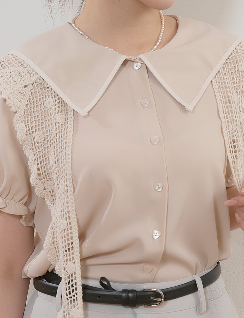 MISS. Contrast Doll Collar Heart Button Plus Size Shirt