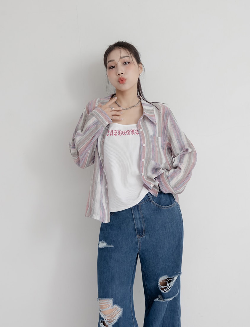 MUA! Tie-Dye Contrast Stripe Long Sleeve Plus Size Shirt