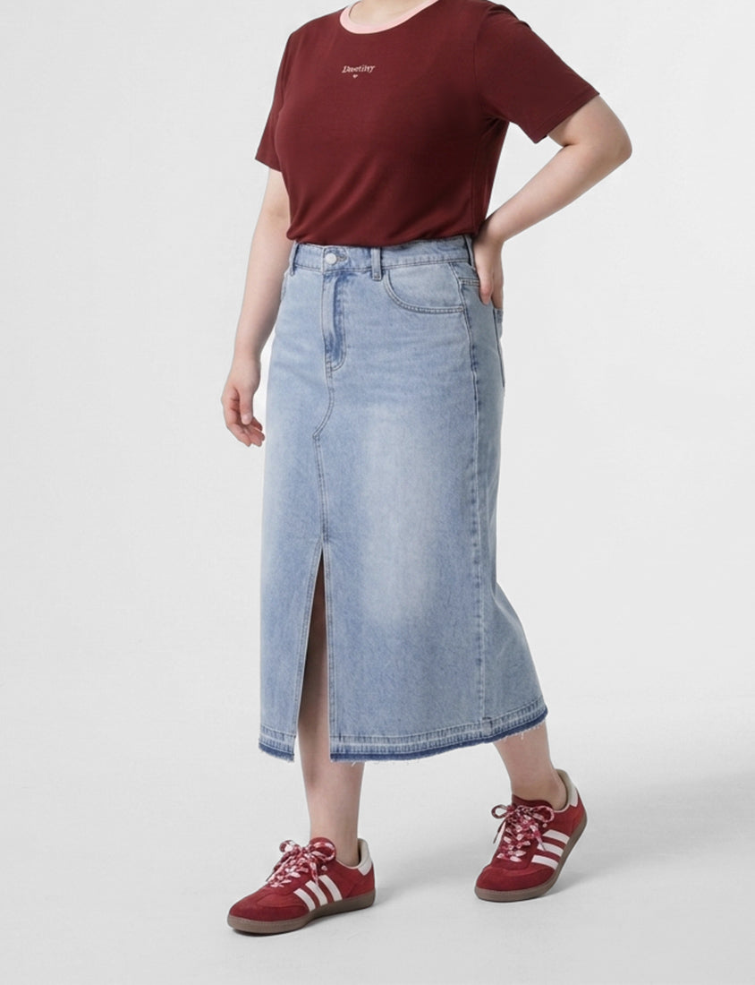 Cooling Tencel Denim Slit Plus Size Maxi Skirt