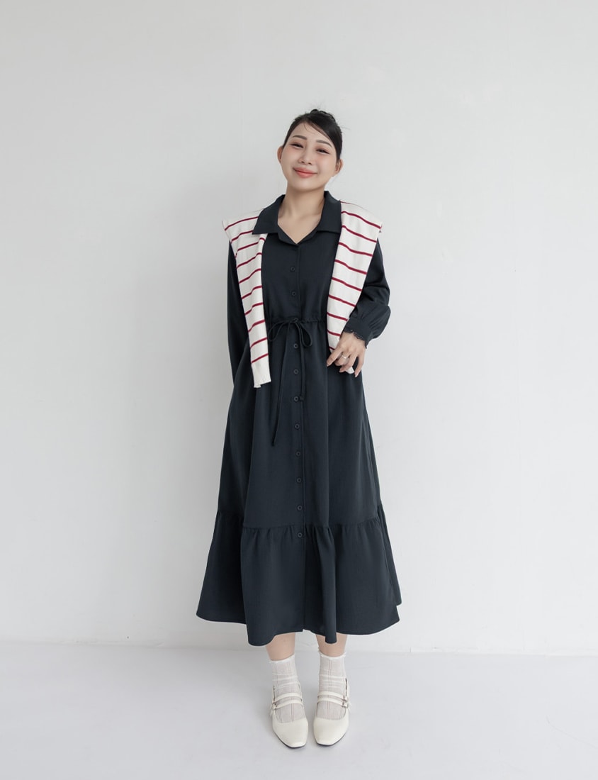 Cuban Collar Drawstring Waist Tiered Plus Size Dress