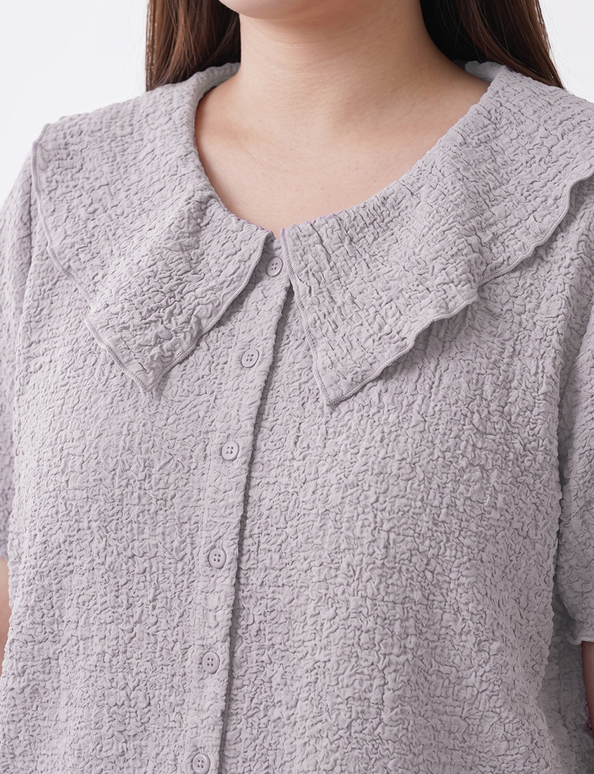 Collared Crinkle Faux Button Short Sleeve Top