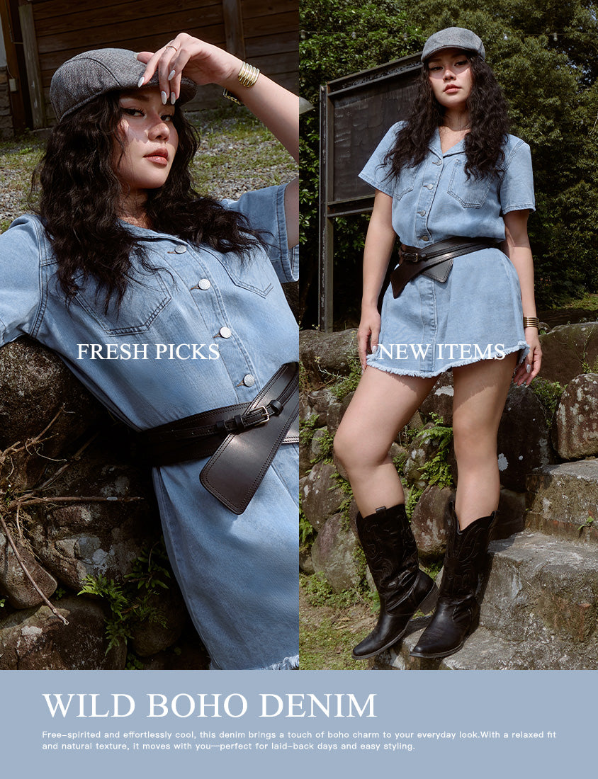 Frayed Hem Pocket Denim Plus Size Mini Dress