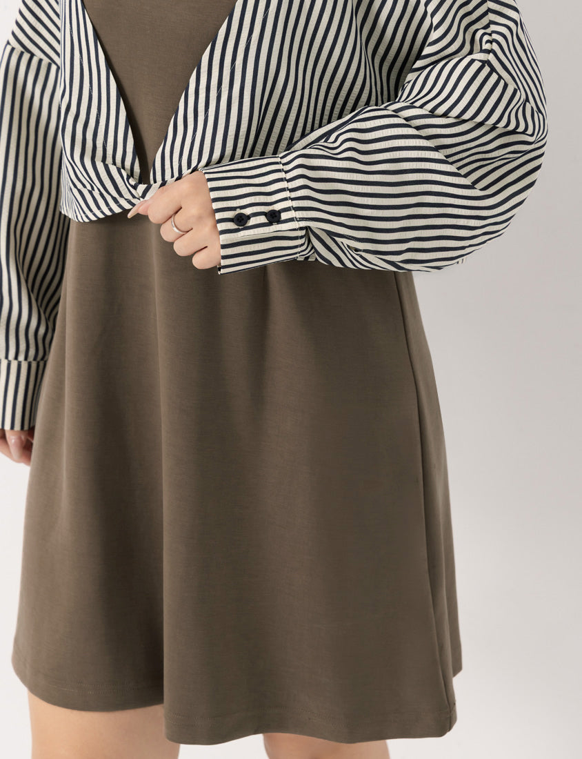 Faux Two Piece Cloud Cotton Contrast Stripe Plus Size Dress