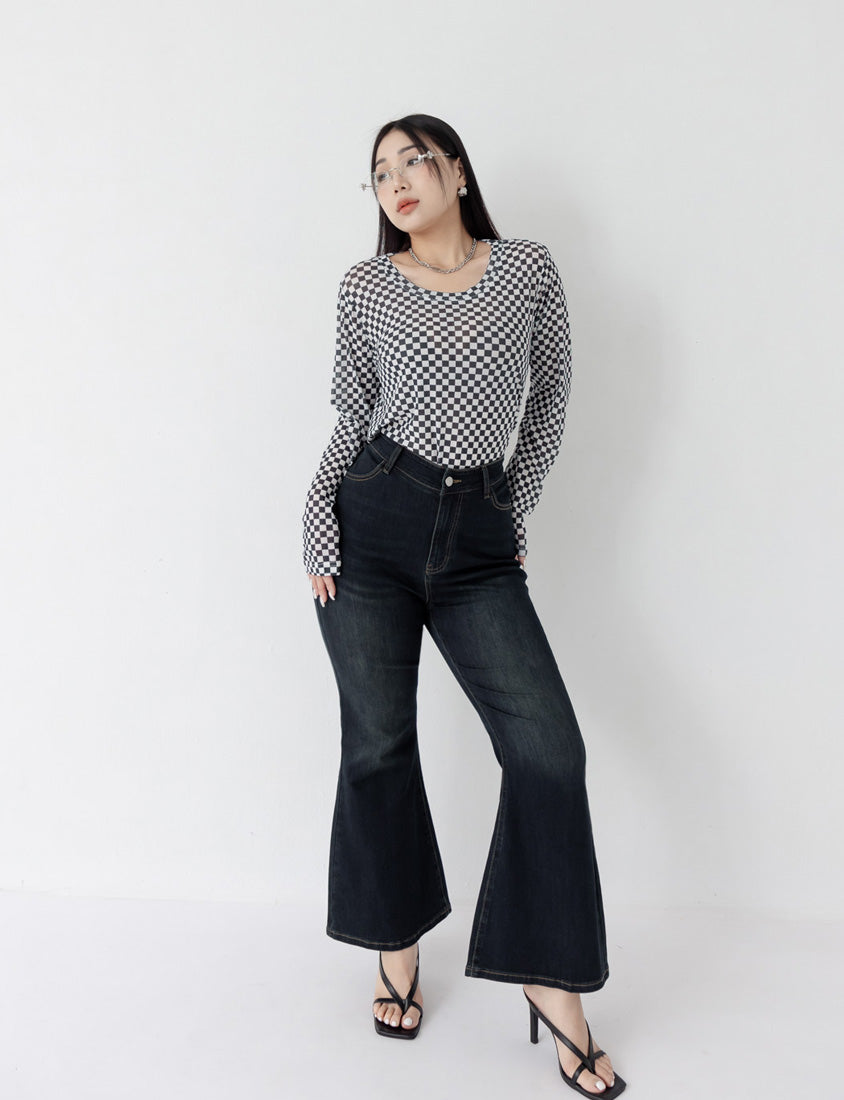 MUA! Sexy Checkered Mesh Long Sleeve Plus Size Top