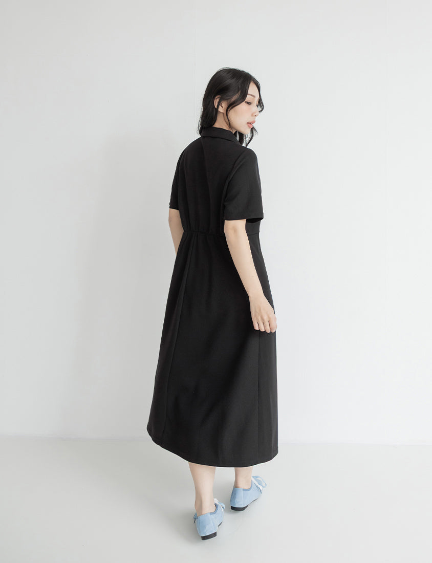 Collared Waffle-Knit Cinched Waist Plus Size Maxi Dress