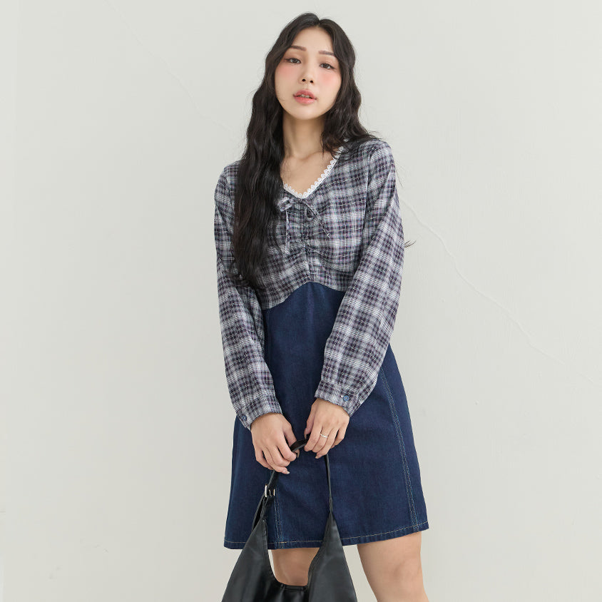 Vintage Plaid Faux Two-Piece Denim Plus Size Mini Dress
