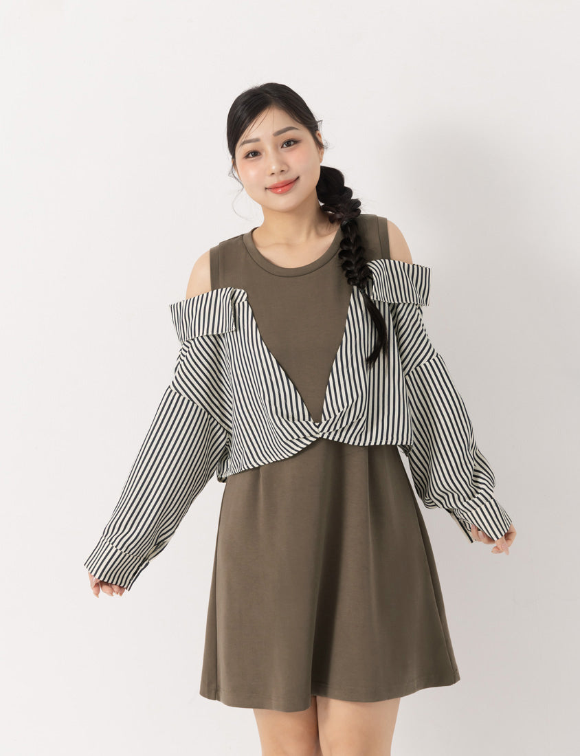 Faux Two Piece Cloud Cotton Contrast Stripe Plus Size Dress