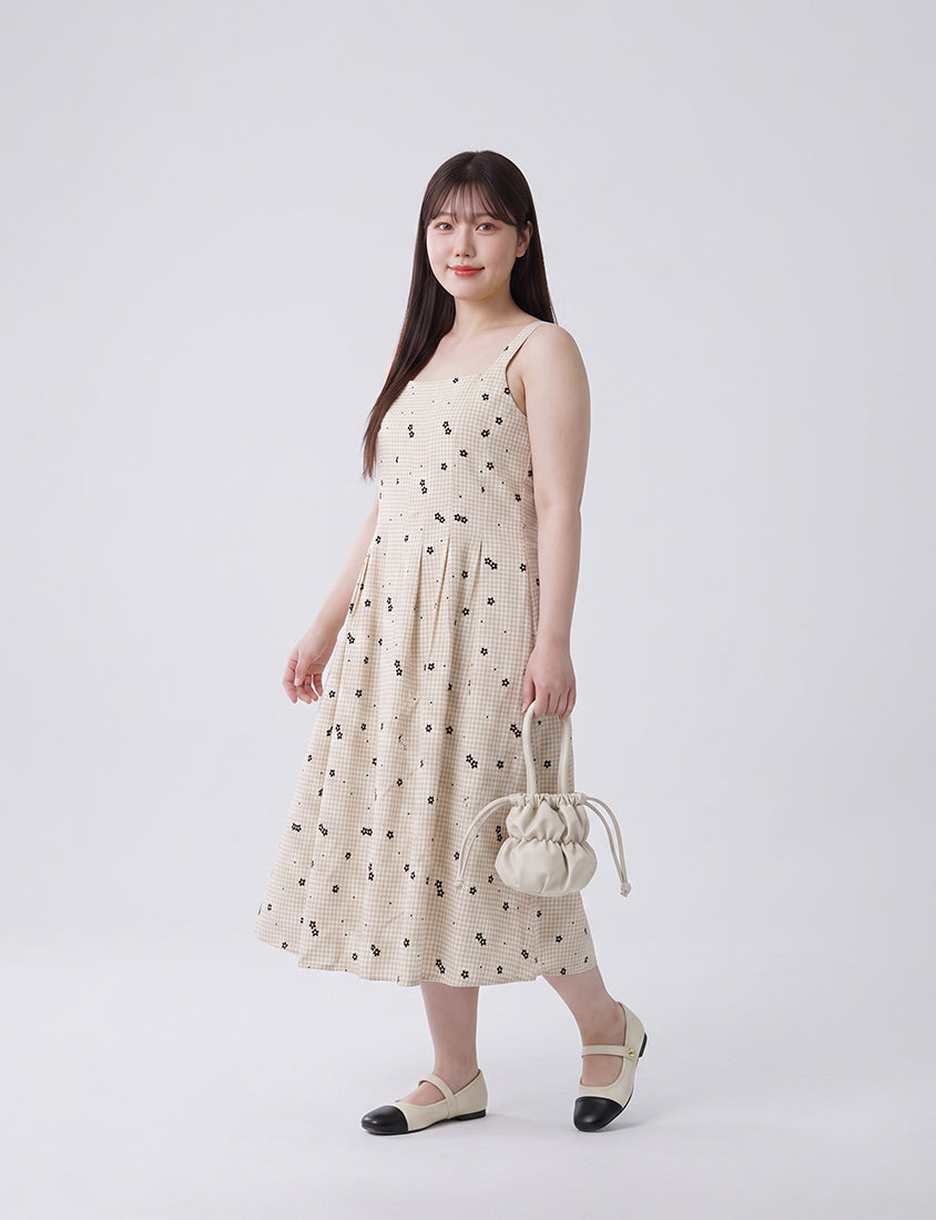 Floral Check Pleated Flare Plus Size Maxi Dress
