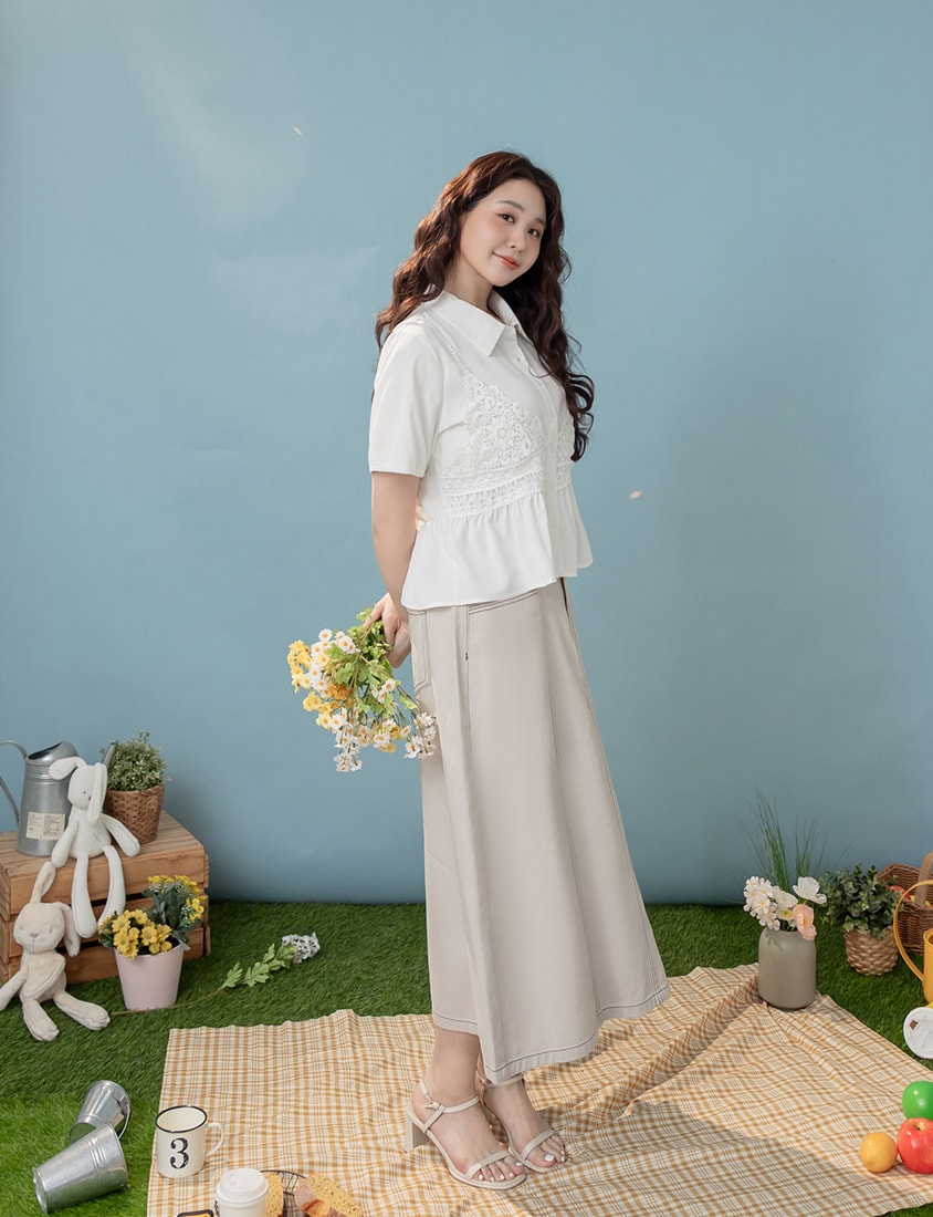 Contrast Stitch Back Slit A-Line Plus Size Maxi Skirt