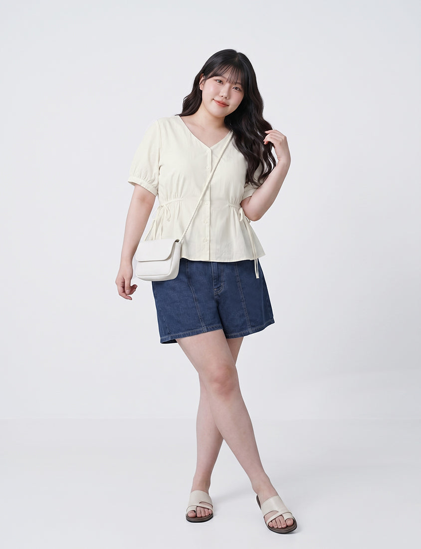 V-Neck Button Front Tie Waist Plus Size Top