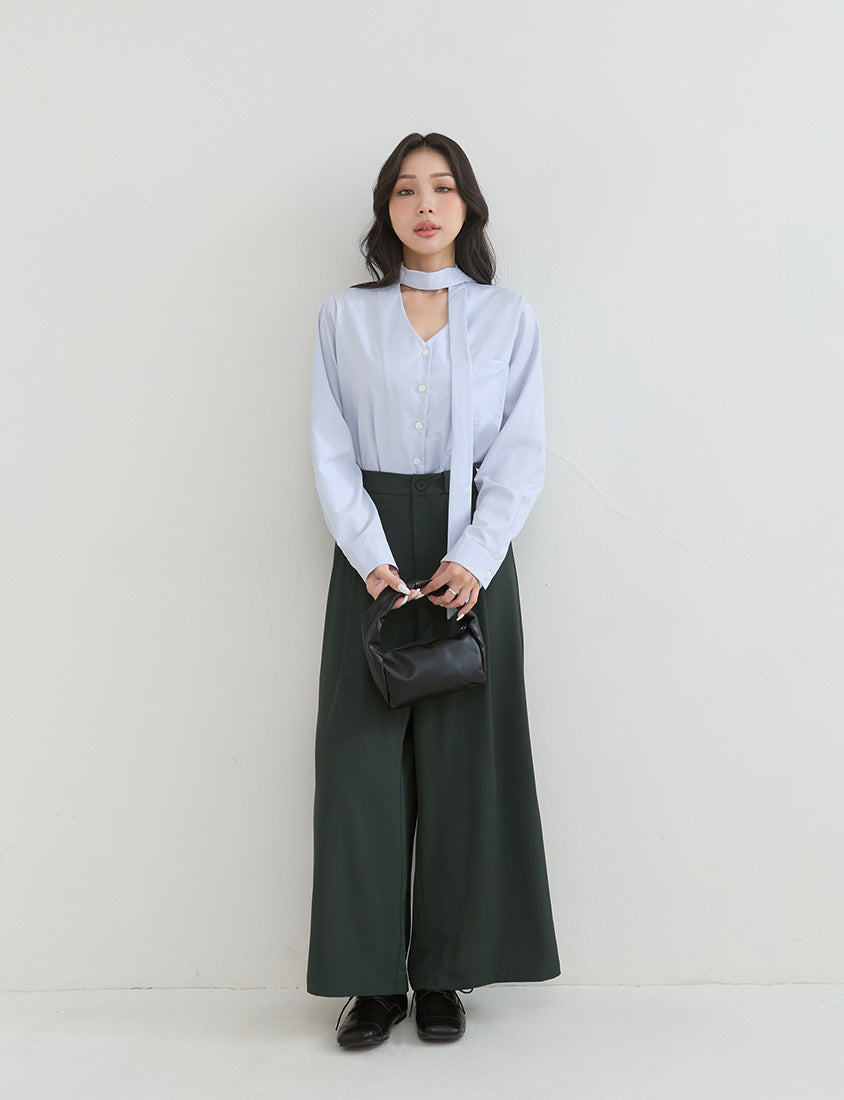 Korean Style Tie Neck Long Sleeve Plus Size Blouse