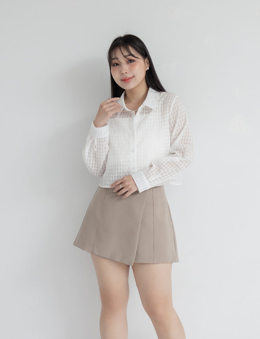 MISS. Sheer Plaid Cropped Plus Size Long Sleeve Shirt