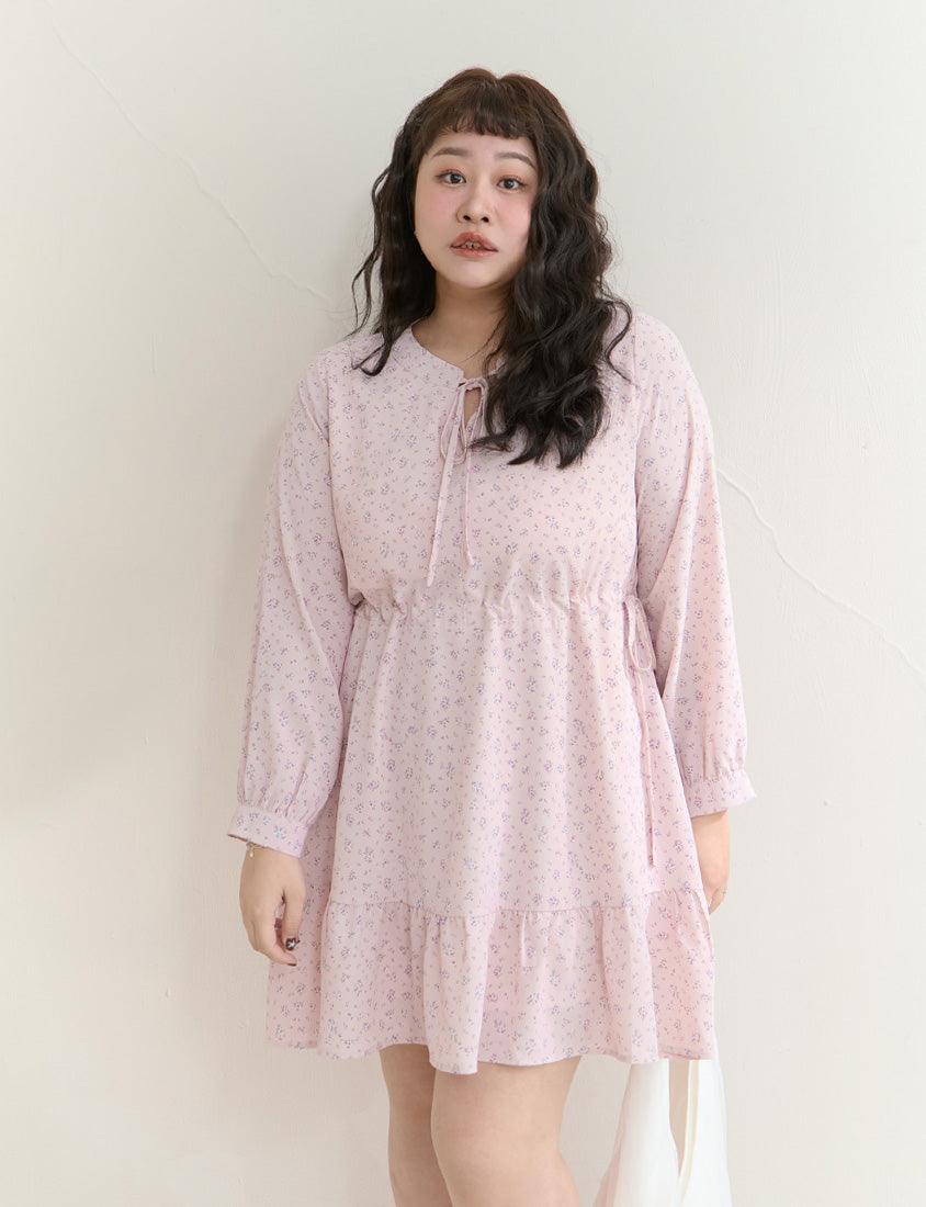 Early Spring Floral Tie-Front Long Sleeve Plus Size Mini Dress