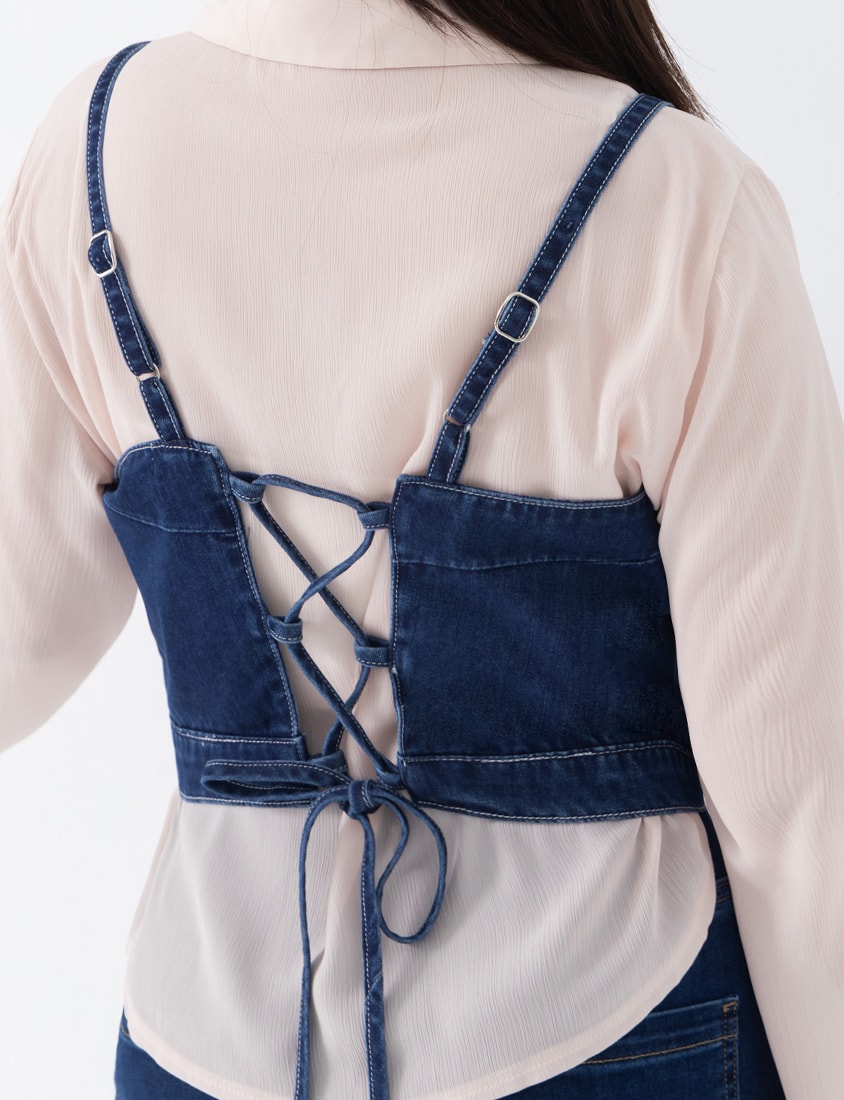 Sweetheart Neck Cross Tie Plus Size Denim Vest