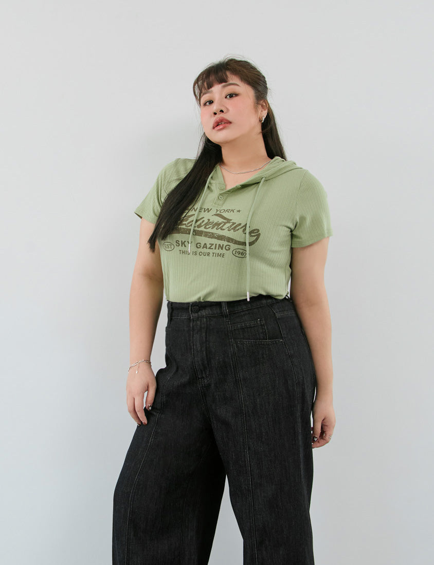 MUA! Hooded Printed Plus Size Ribbed Top