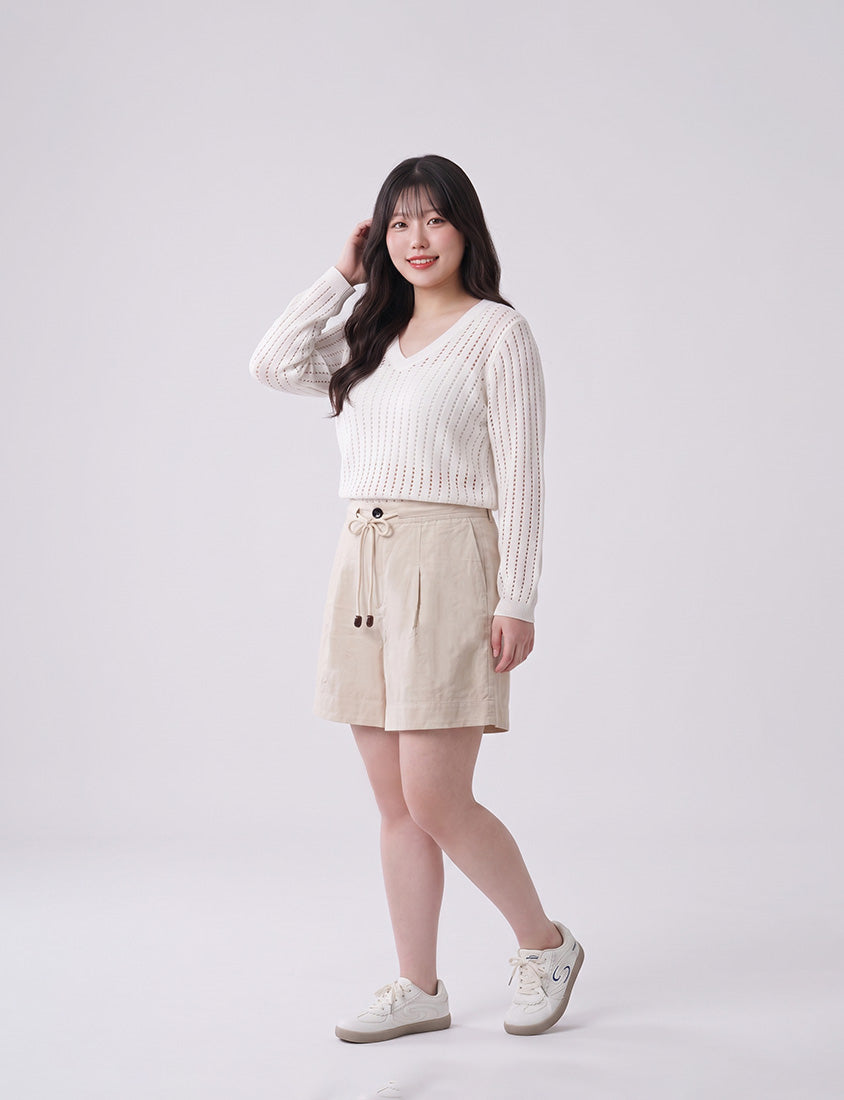 V-Neck Openwork Ribbed Knit Long Sleeve Plus Size Top