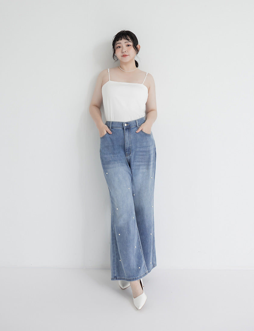 Pearl Embellished Stretch Denim Plus Size Wide Leg Pants