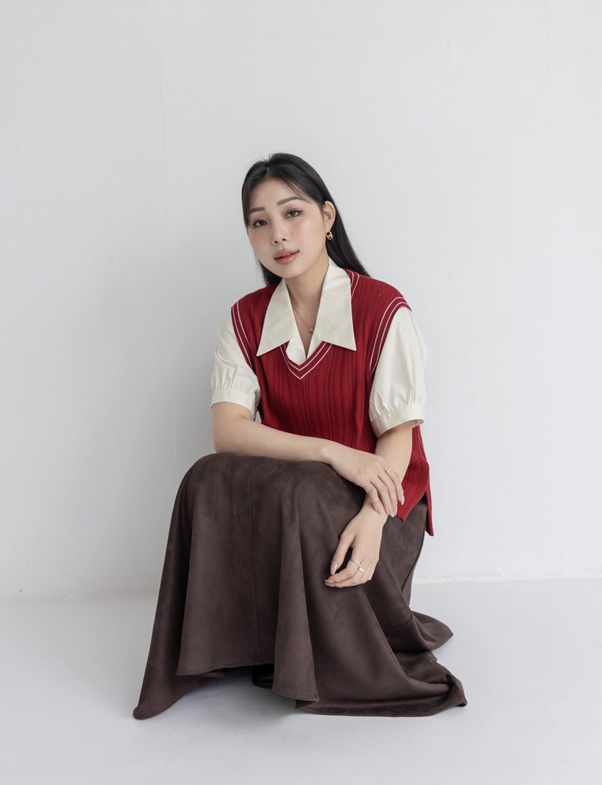 MISS. Korean Style Contrast V-Neck Plus Size Knit Vest