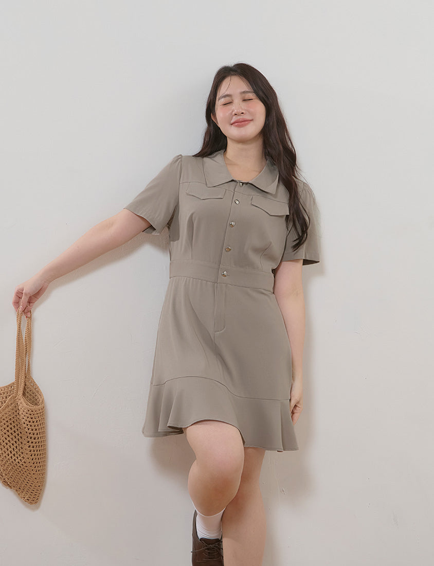 Elegant Heart Button Collar Plus Size Mini Dress