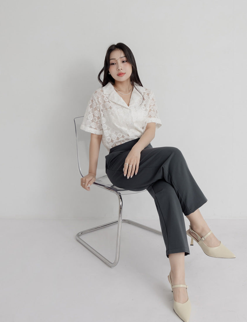 MISS. Cuban Collar Lace Eyelet Plus Size Shirt