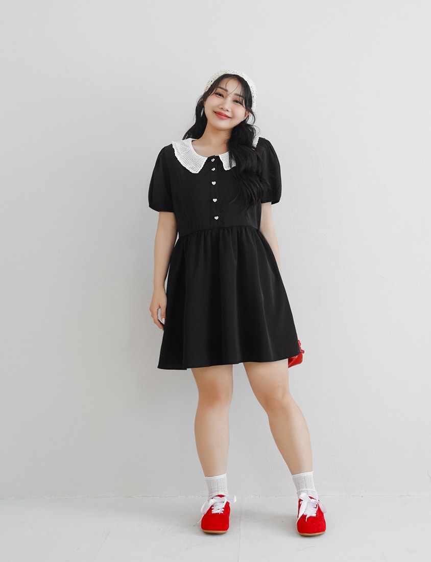 Lace Large-Collar Puff Sleeve Plus Size Mini Dress