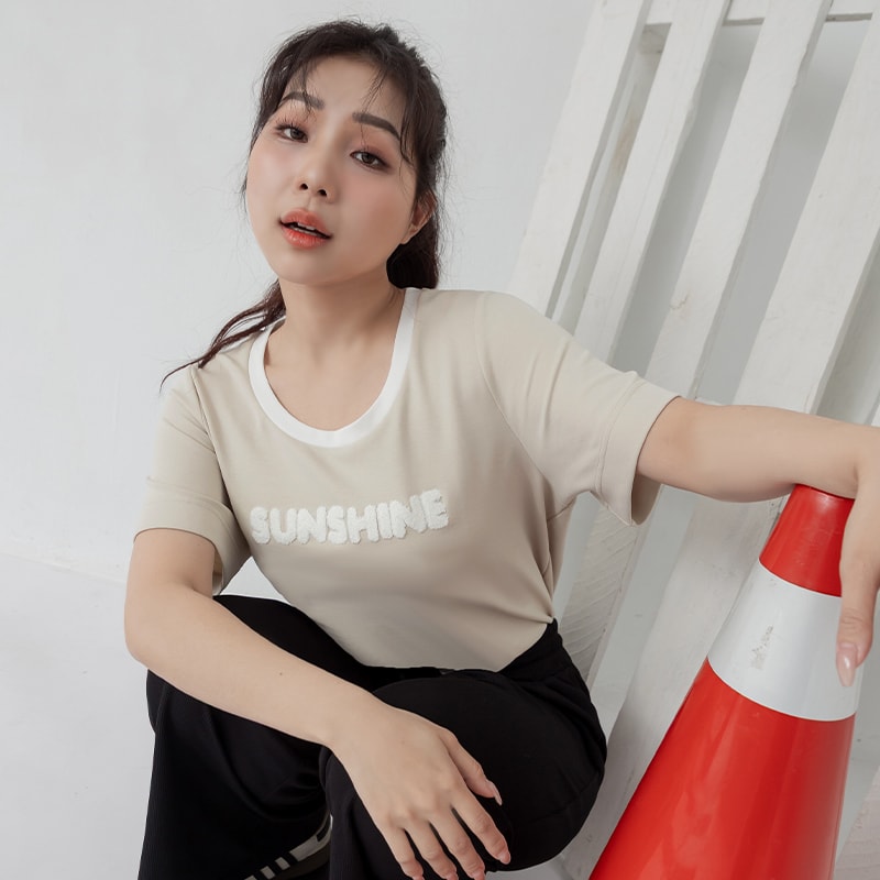 Contrast Fuzzy Embroidery Plus Size Crewneck Tee