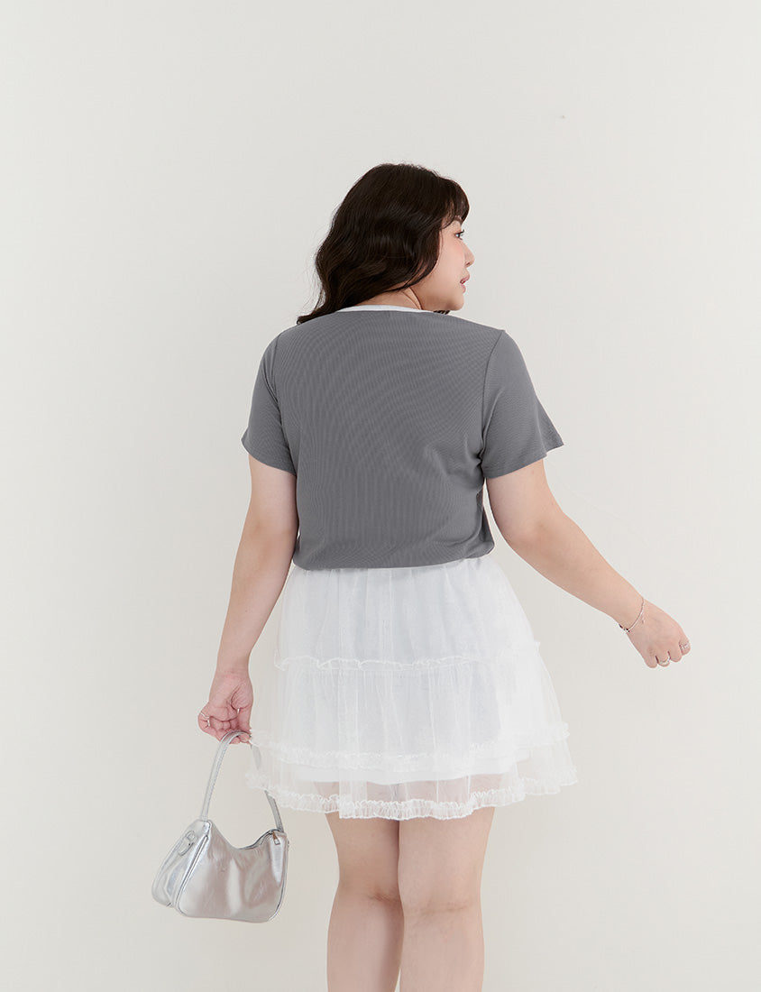 Simple V-Neck Contrast Ribbed Plus Size Tee
