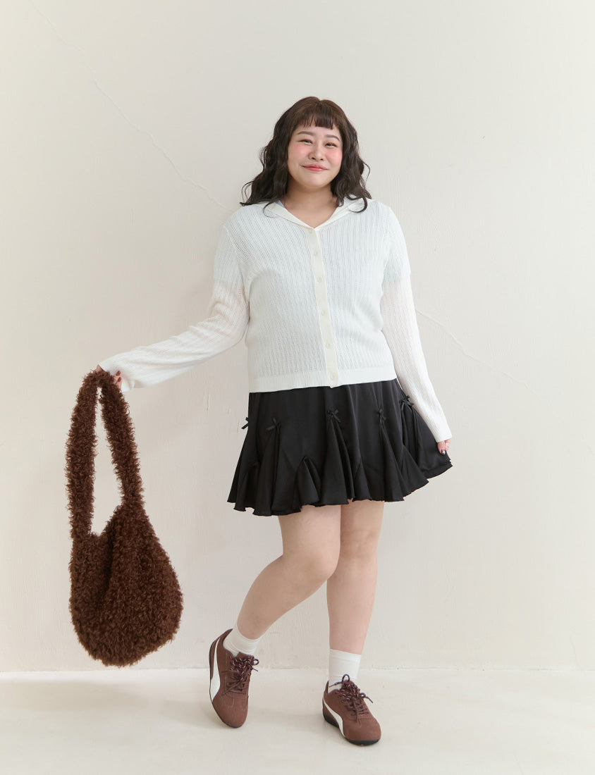 Openwork Knit Hooded Button-Up Plus Size Long Sleeve Cardigan