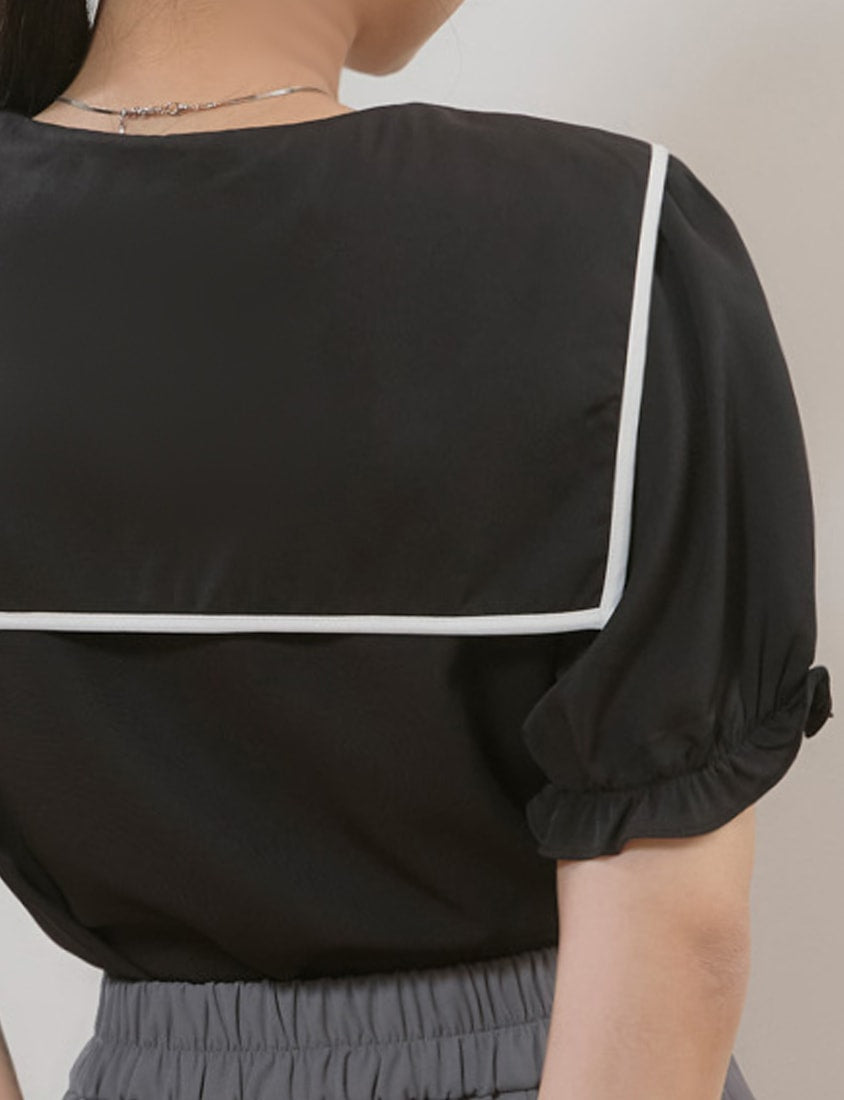 MISS. Contrast Doll Collar Heart Button Plus Size Shirt