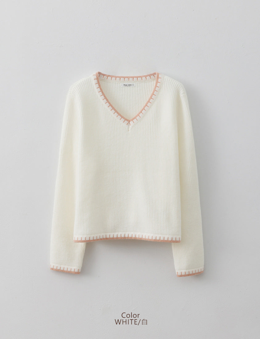Contrast Trim Multi-Color Plus Size V-Neck Knit Top