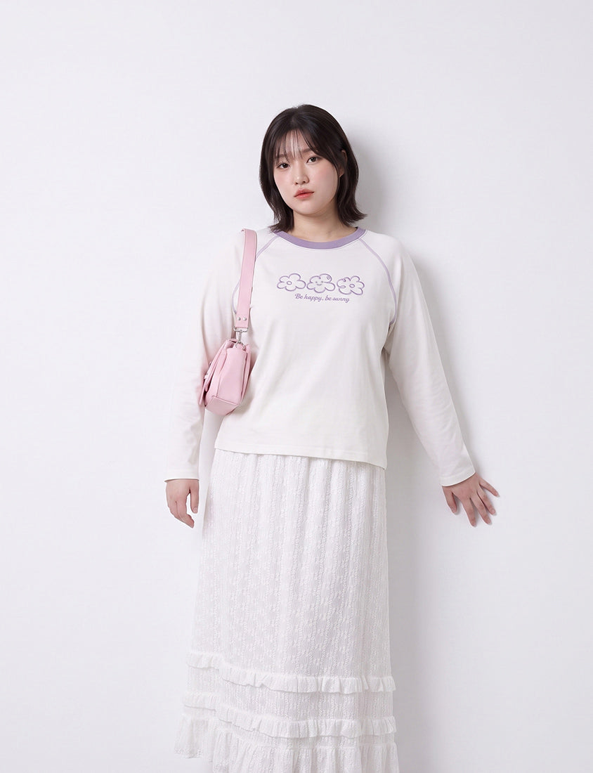 Contrast Floral Puff Print Long-Sleeve Plus Size Tee