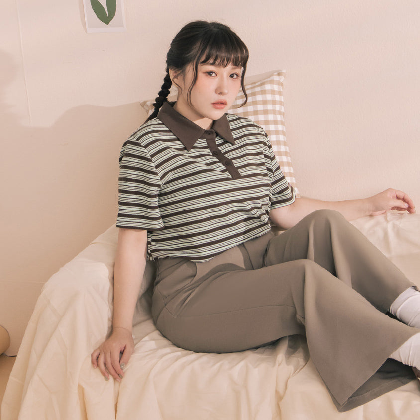 Youthful Contrast Stripe Polo Plus Size Top