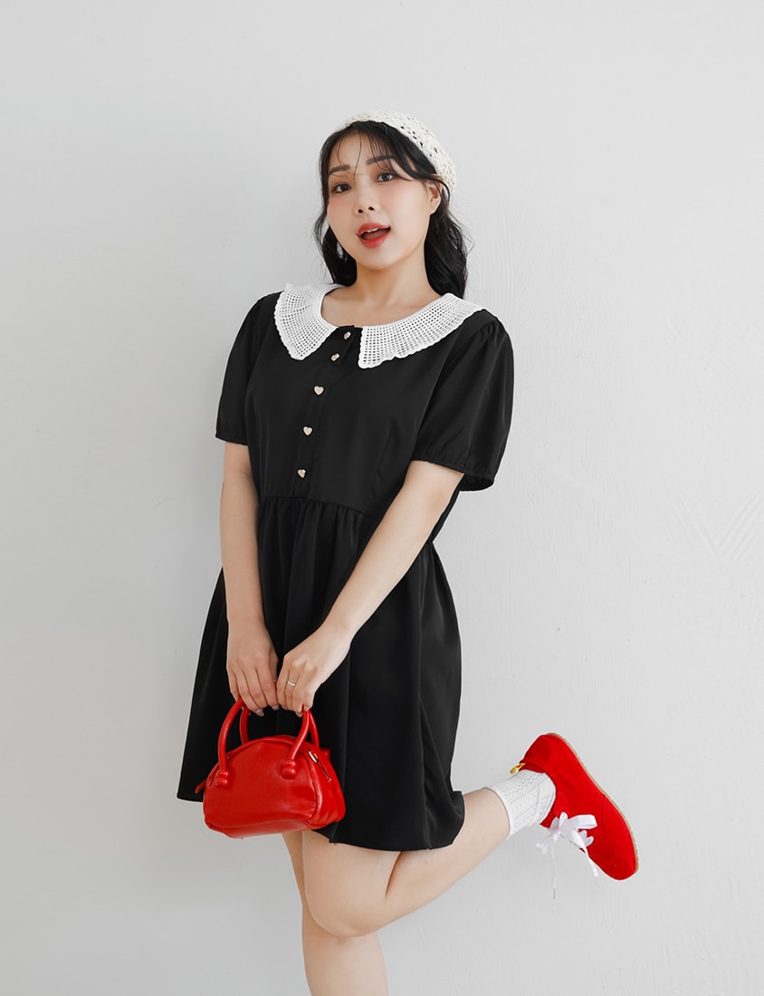 Lace Large-Collar Puff Sleeve Plus Size Mini Dress
