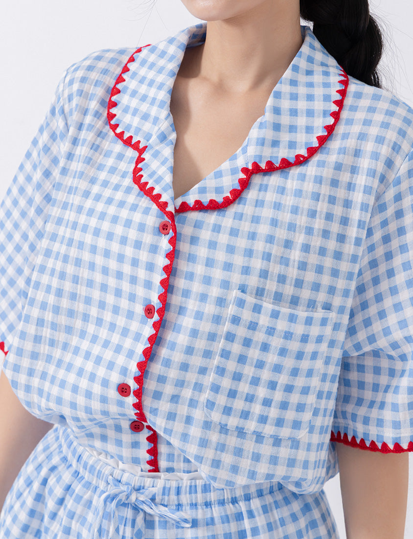 Skin-Friendly Gingham Contrast Frill Casual Plus Size Shirt
