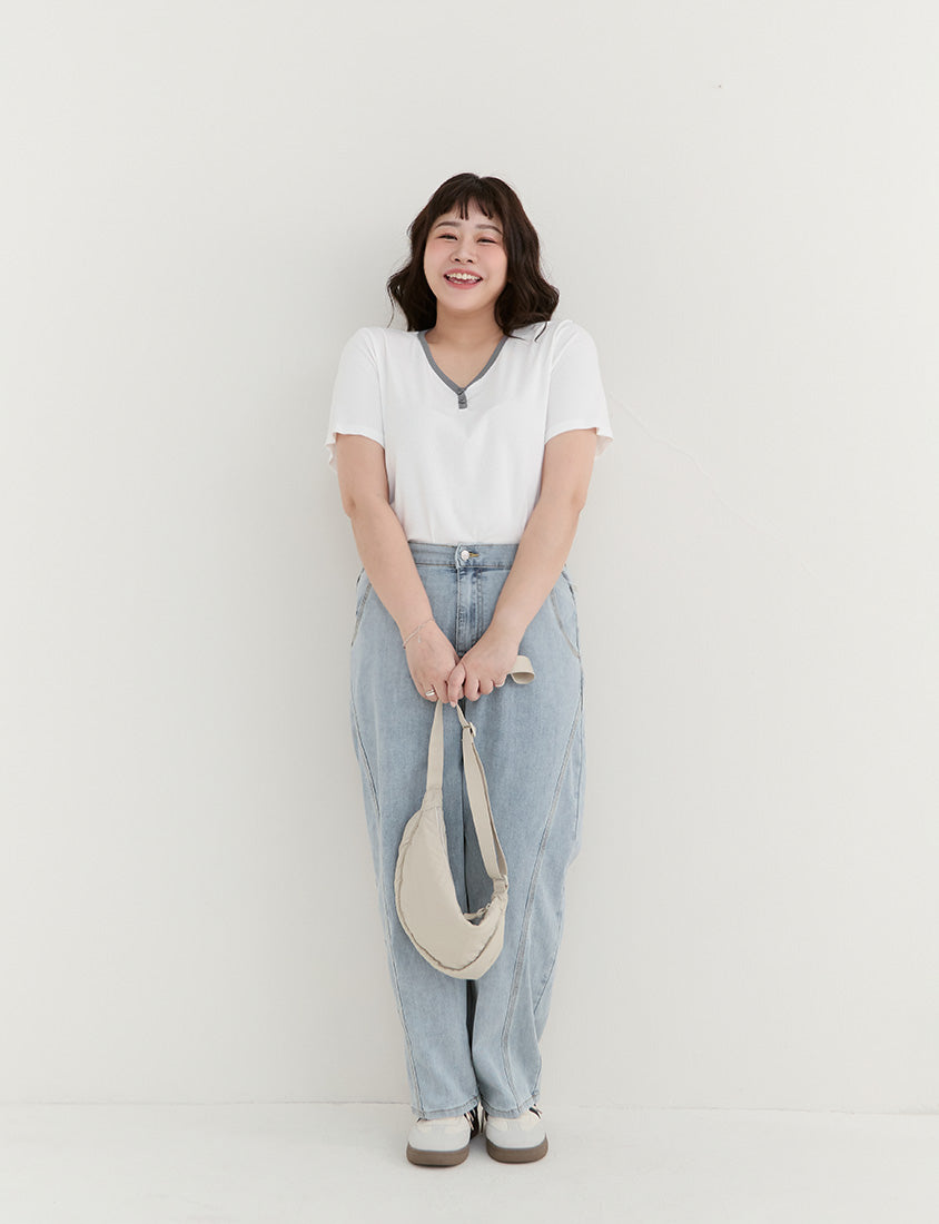 Simple V-Neck Contrast Ribbed Plus Size Tee