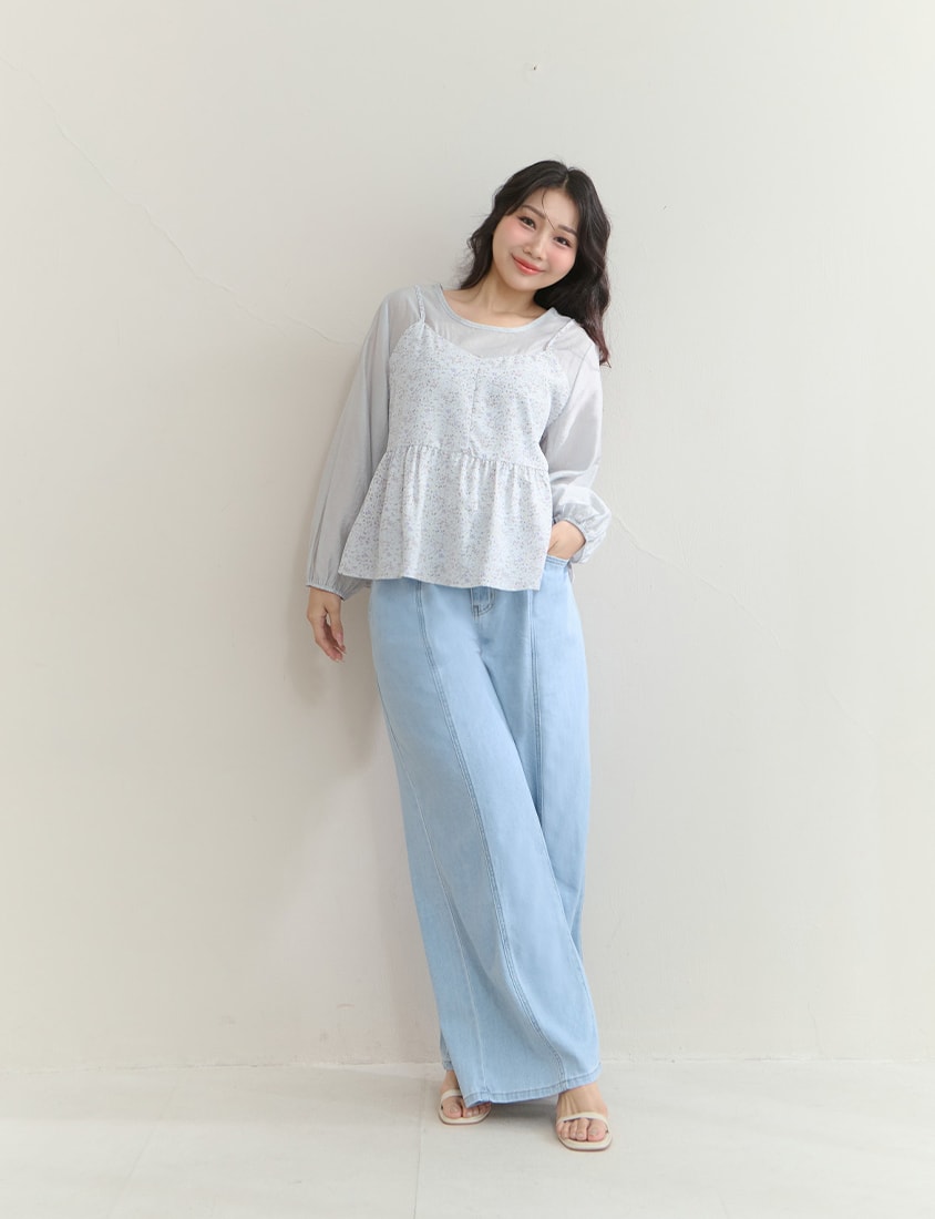 Floral Faux Two Piece Sheer Plus Size Long Sleeve Top