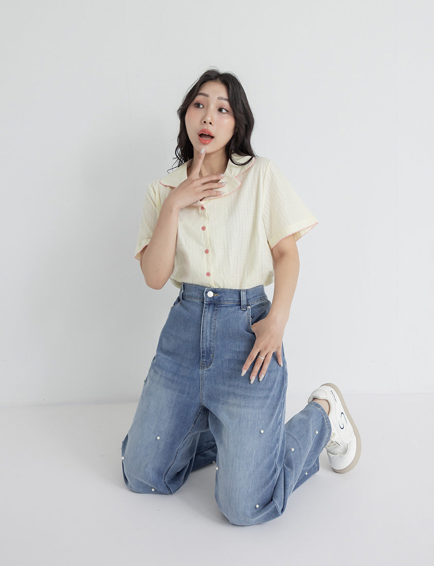 Cute Jacquard Contrast Cuban Collar Plus Size Shirt
