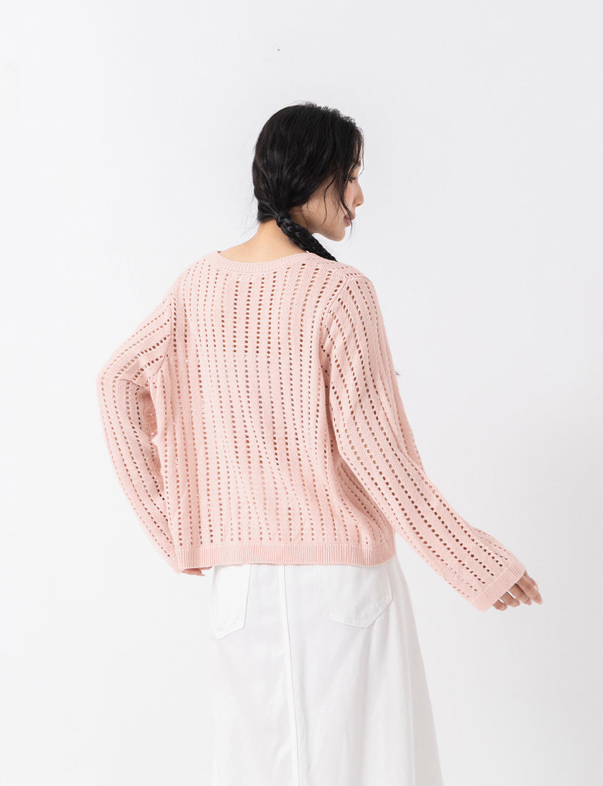 Crew Neck Openwork Ribbed Knit Long Sleeve Plus Size Top