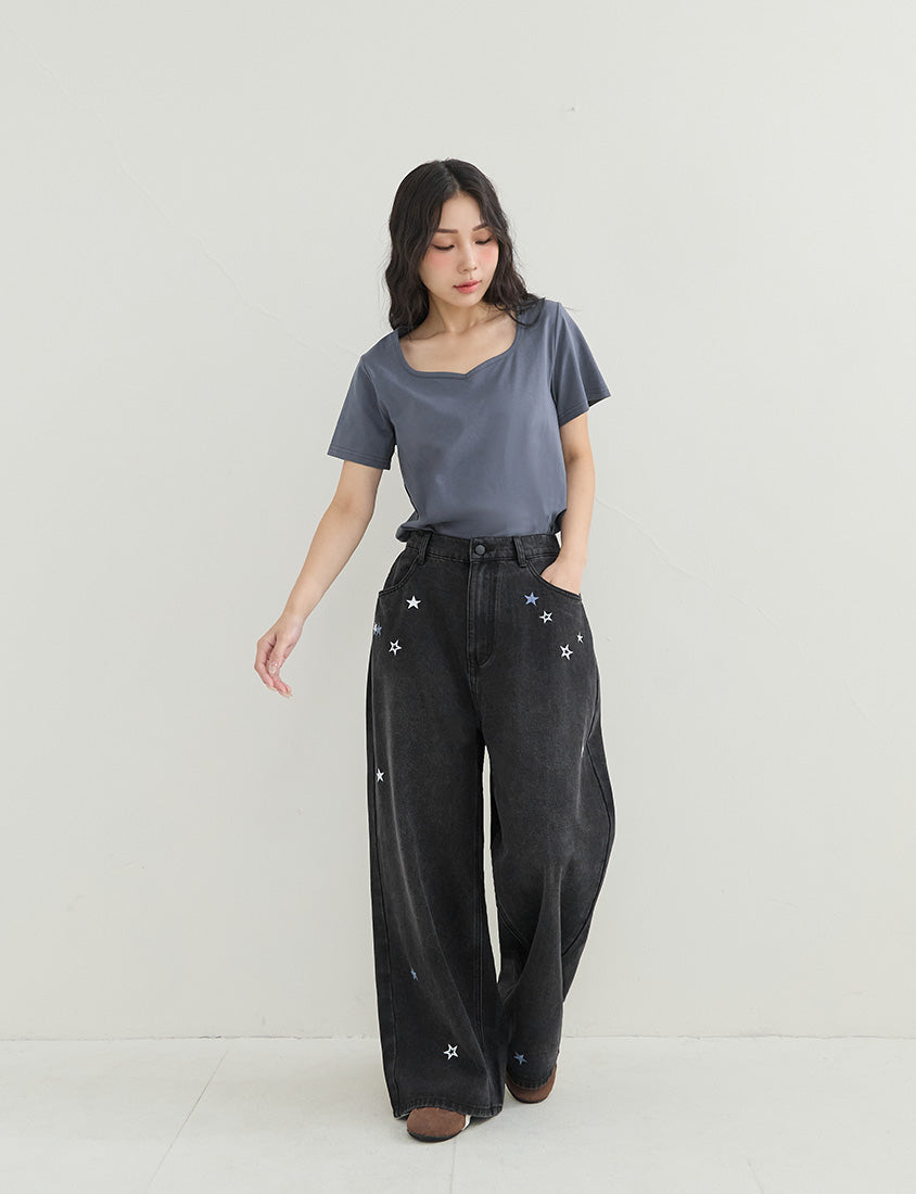 Star Embroidered Denim Plus Size Wide Leg Jeans