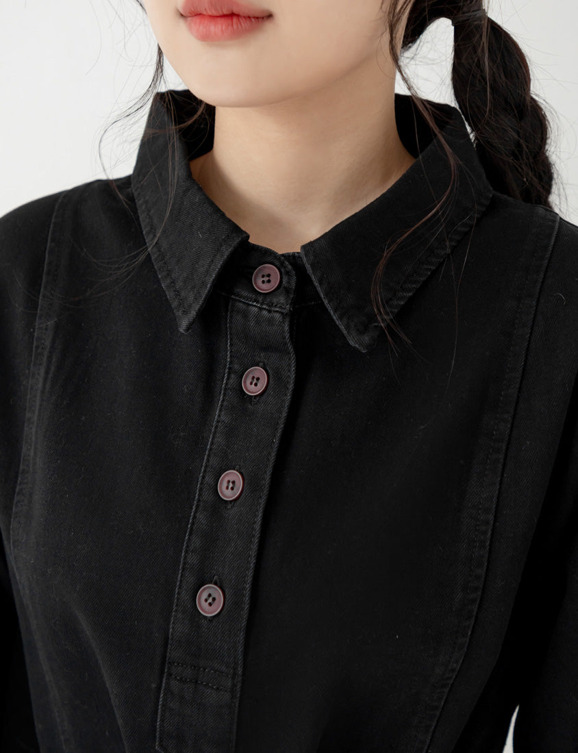 Denim Long Sleeve Tie-Front A-Line Plus Size Mini Dress