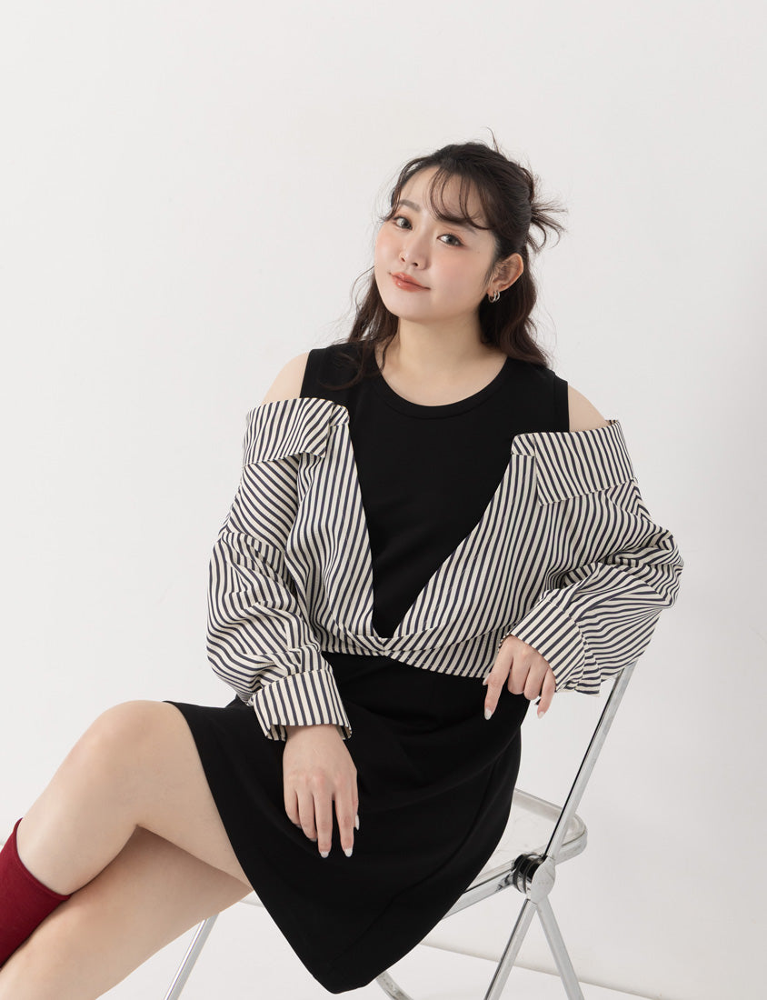 Faux Two Piece Cloud Cotton Contrast Stripe Plus Size Dress