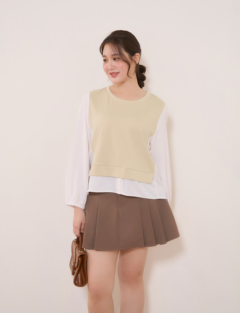 Crewneck Puff Sleeve Faux Two Piece Plus Size Long Sleeve Top