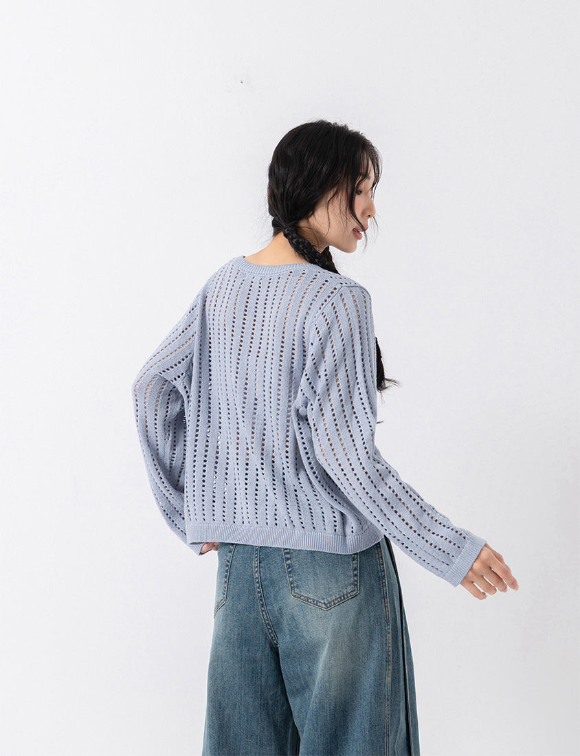Crew Neck Openwork Ribbed Knit Long Sleeve Plus Size Top