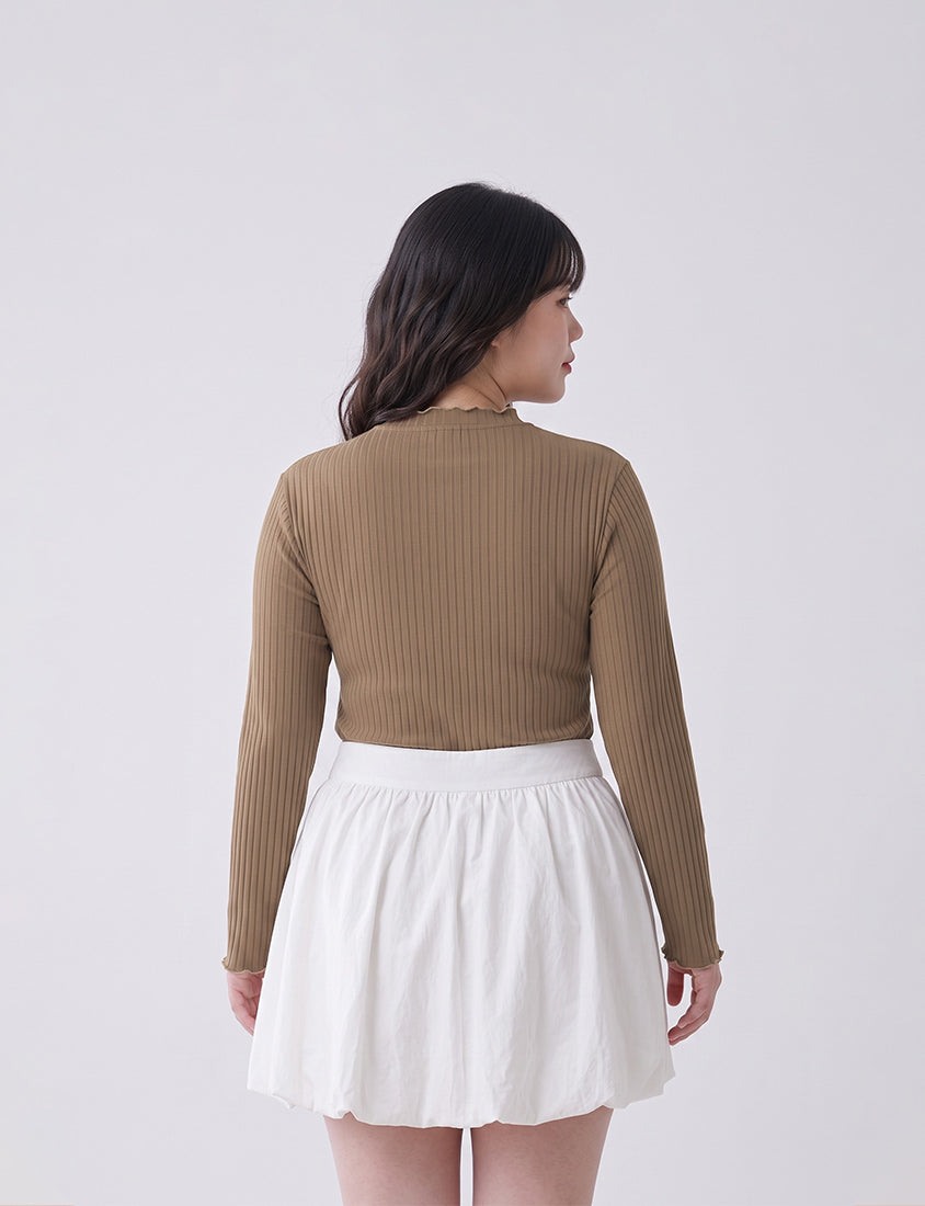 Soft Wide Ribbed Ruffle-Trim Long Sleeve Plus Size Top