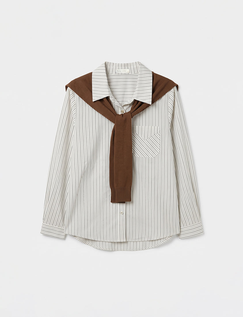 Contrast Stripe Long Sleeve Plus Size Shirt (With Shawl)